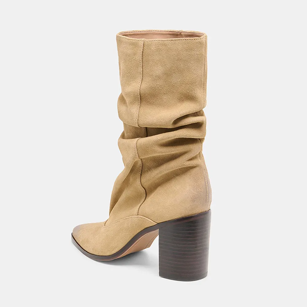 Dark Beige Pointed Toe Slouchy Mid Calf Boots for Women