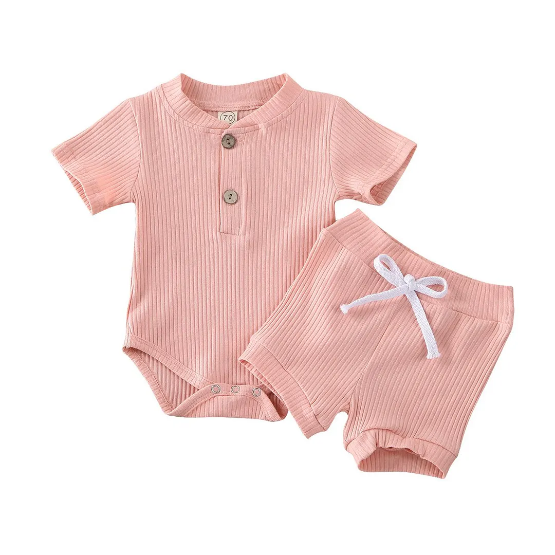 2020 Baby Summer Clothing Newborn Kid Baby Boy Girl Clothes Short Sleeve Bodysuit Shorts Ribbed Solid 2Pcs Outfits Set