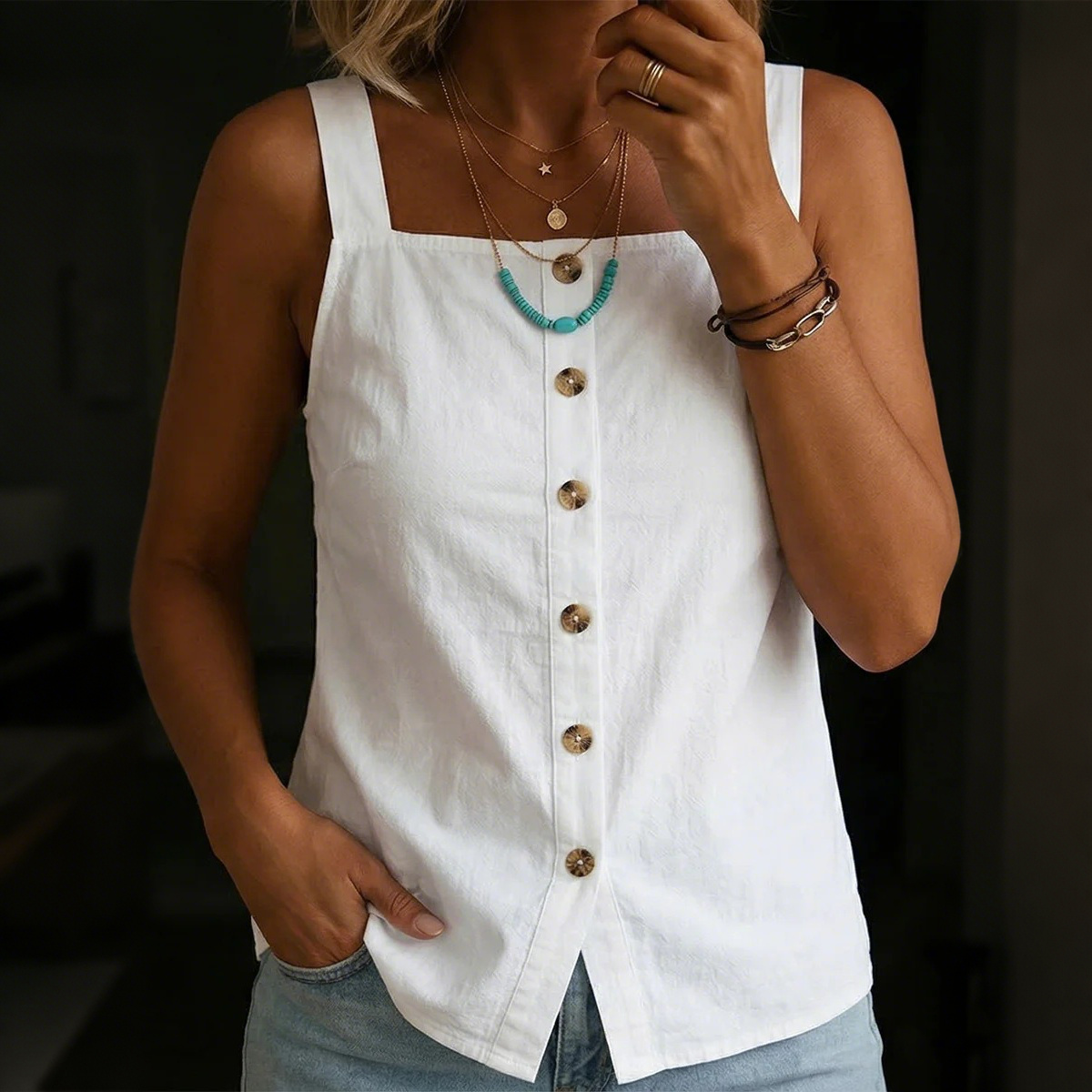 Women's Vintage Simple Buttons Cotton Linen Sleeveless Top wearshes