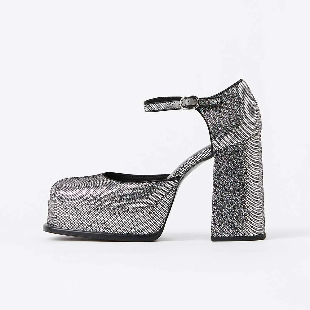 Silver Glittery Ankle Strappy Platform Mary Janes with Chunky Heel Nicepairs