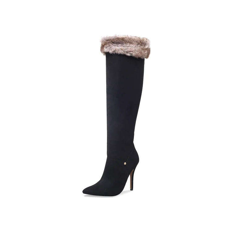 Black Stiletto Heels Fur Boots Pointy Toe Knee High Boots |FSJ Shoes