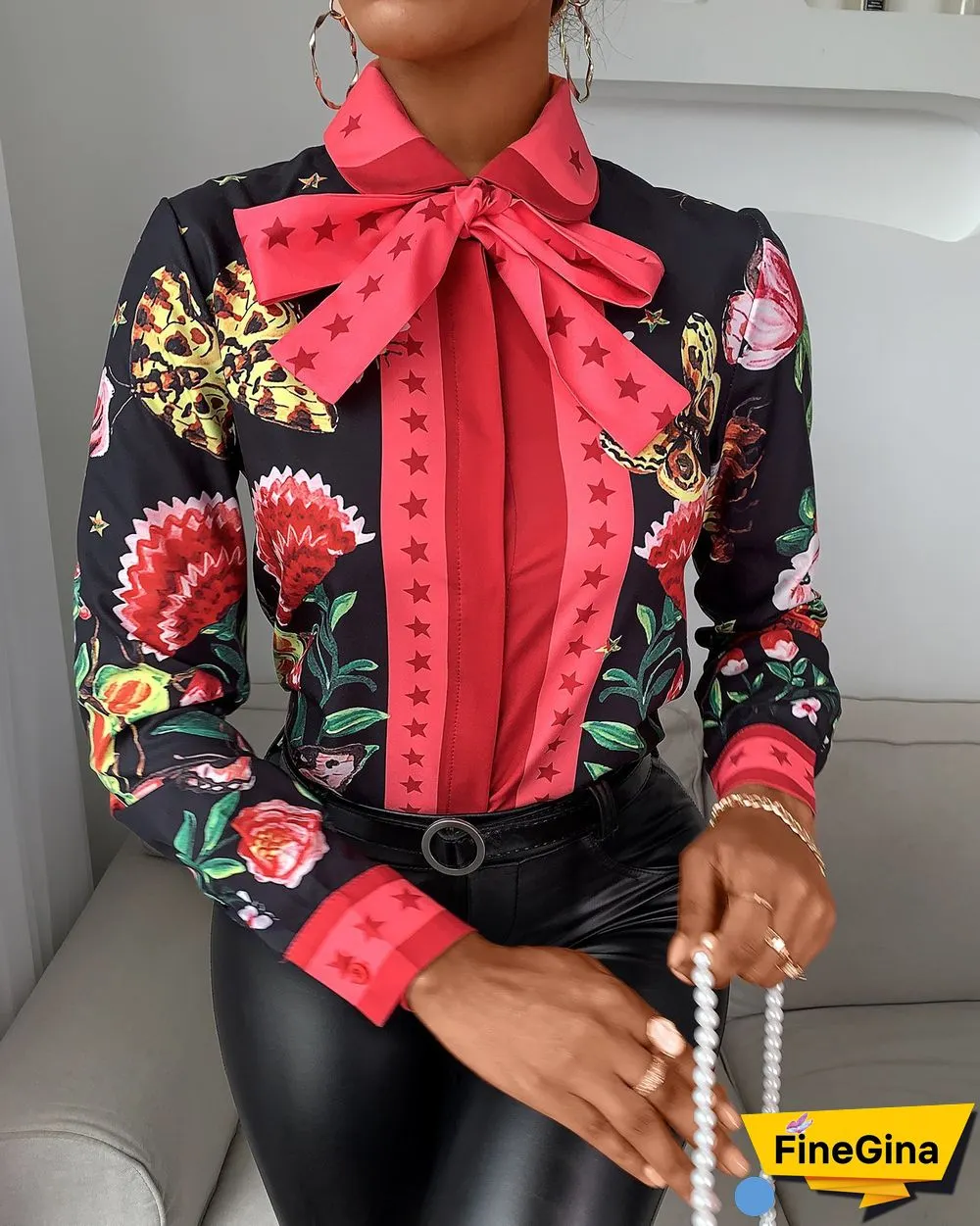 Tie Neck Floral Butterfly Print Long Sleeve Shirt P15964
