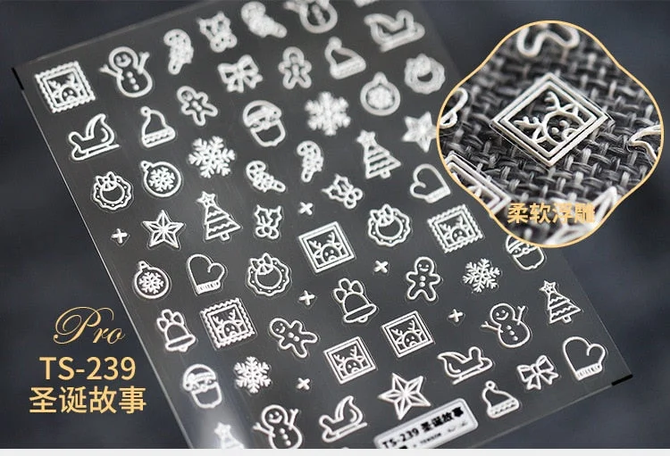 5D Christmas SnowFlake Snowman Nails Art Sticker Pro Frosted Thin Transparent Embossed New Year Nail Art Design Nail Stickers-Nail Inspo
