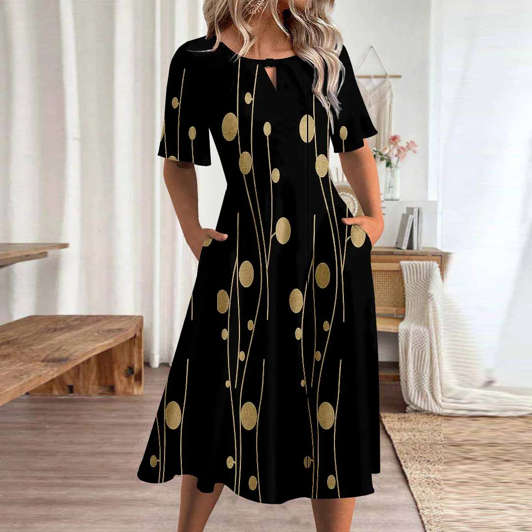 Women Polka Dot,Black DZHA8035 Short Sleeve Scoop Neck Graphic Printed Hollow Midi Dress