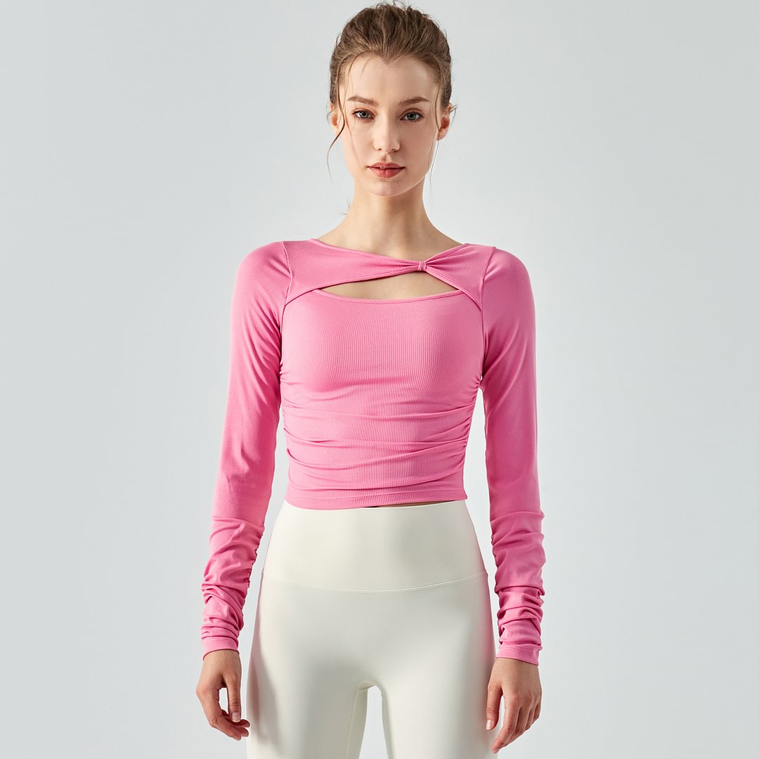 Buy scrunch hollow-out slim fit long sleeve ribbed active running t-shirt of Rose Pink high quality on Hergymclothing 