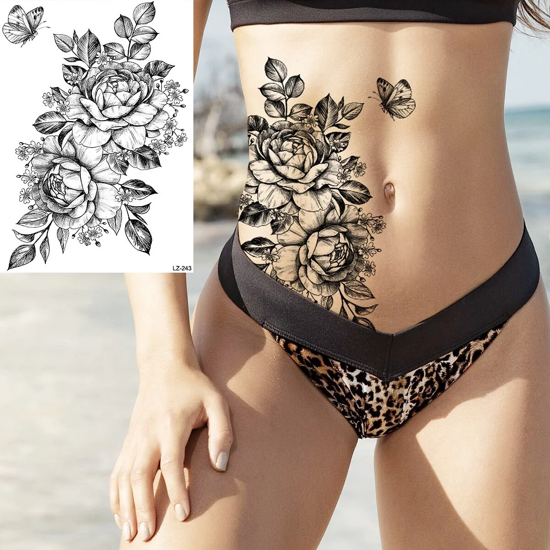 Sdrawing Black Skull Rose Flower Back Temporary Tattoos For Women Men Halloween Compass Round Fake Tattoo Sticker Skeleton