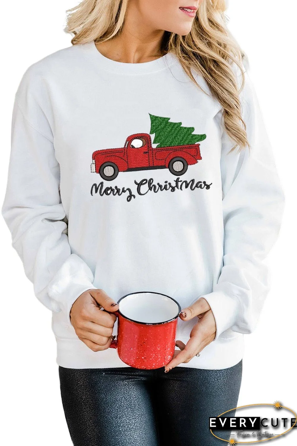 White Merry Christmas Truck Pattern Embroidered Pullover Sweatshirt