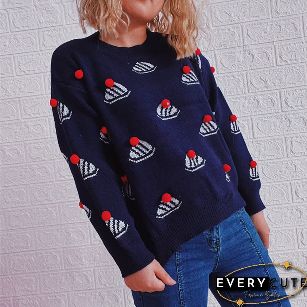 Navy Blue Christmas Hat Print Knit Pullover Sweater