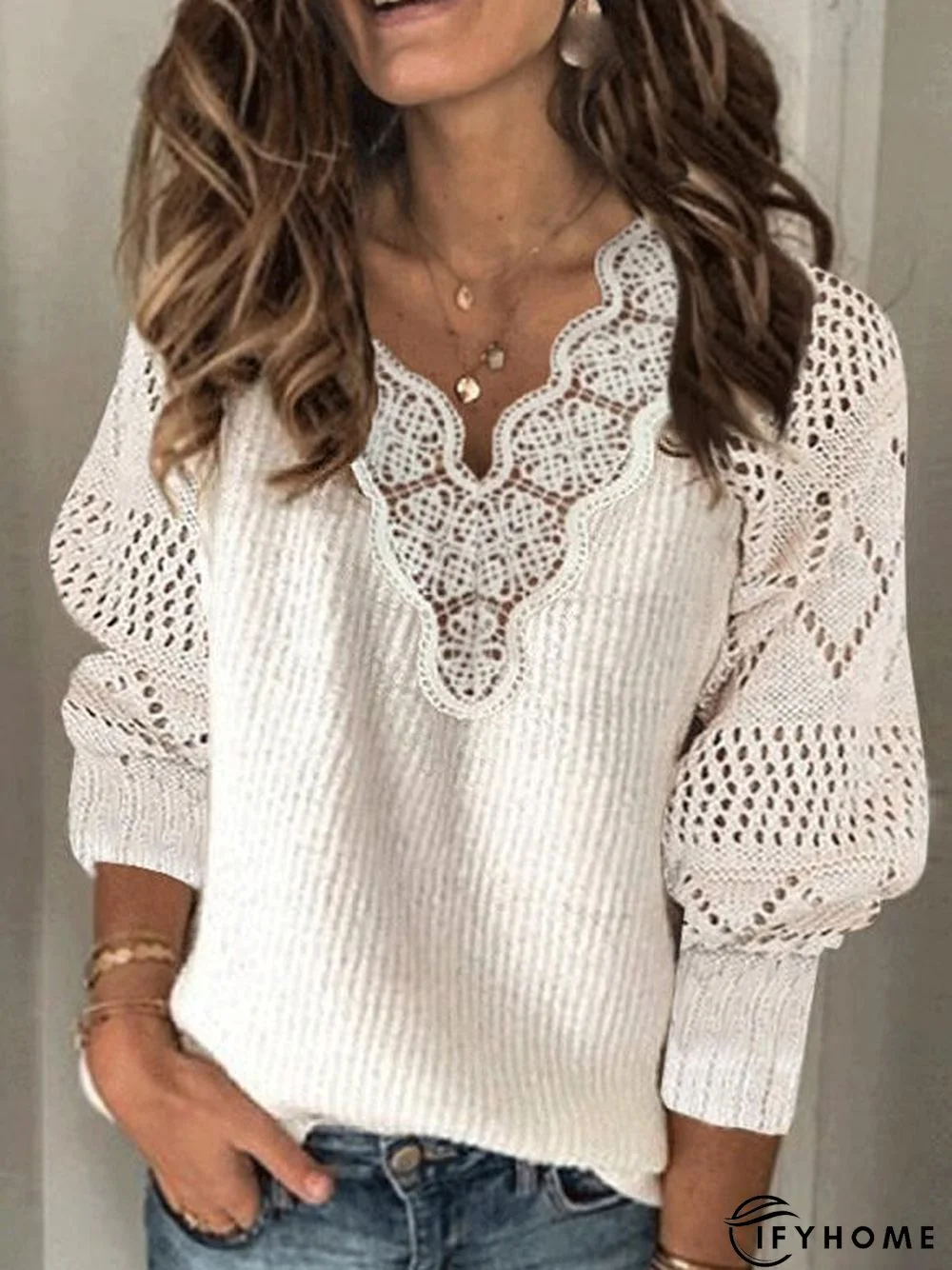 Women Solid Lace V-Neck Casual Sweater | IFYHOME
