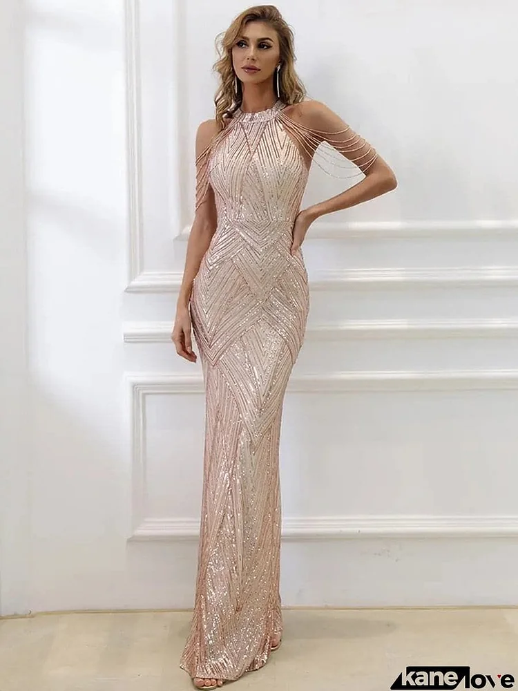 Cold Shoulder Beads Chain Elegant Gold Sequin Prom Dress M01081