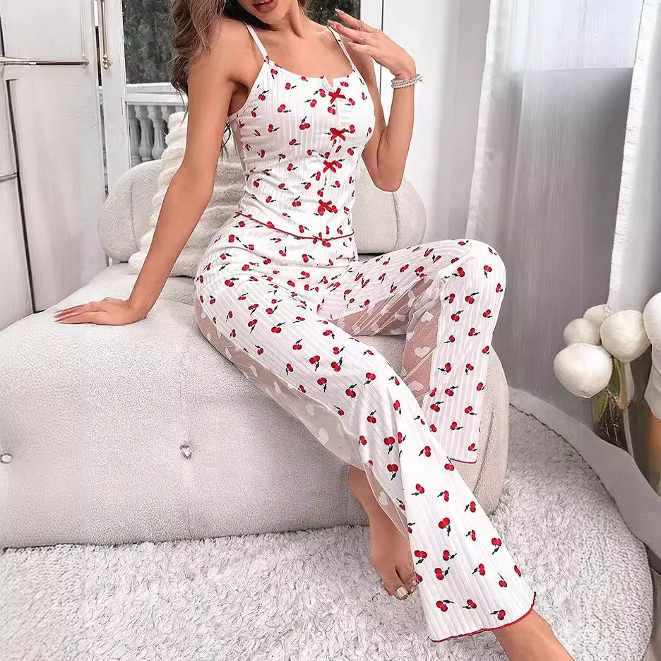 Uveng 2024 Printed Color Impact Printing Mesh Home Clothes Front Lint Front Lint Hanging Pajamas Set