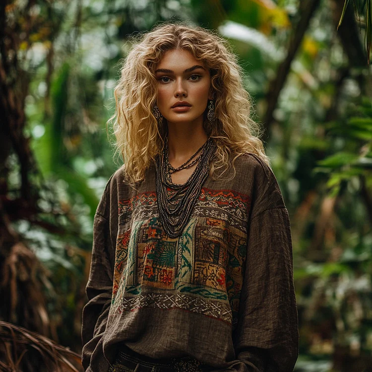 Retro Bohemian Resort Art Embroidery Print Cotton And Linen Blend Loose Blouse