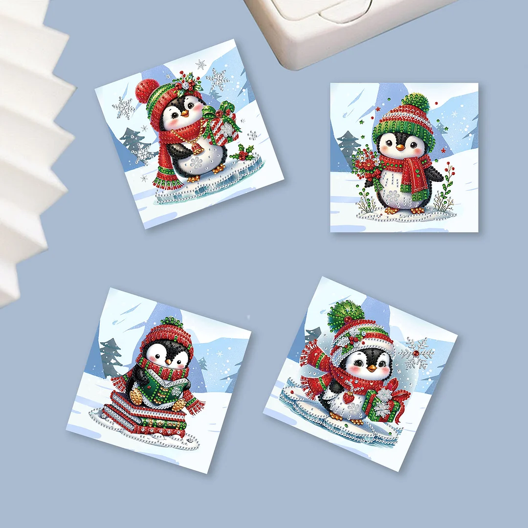 6pcs DIY Christmas Penguin DIY Diamond Painting Greeting Card for Friends Family Gift【With White Envelope】