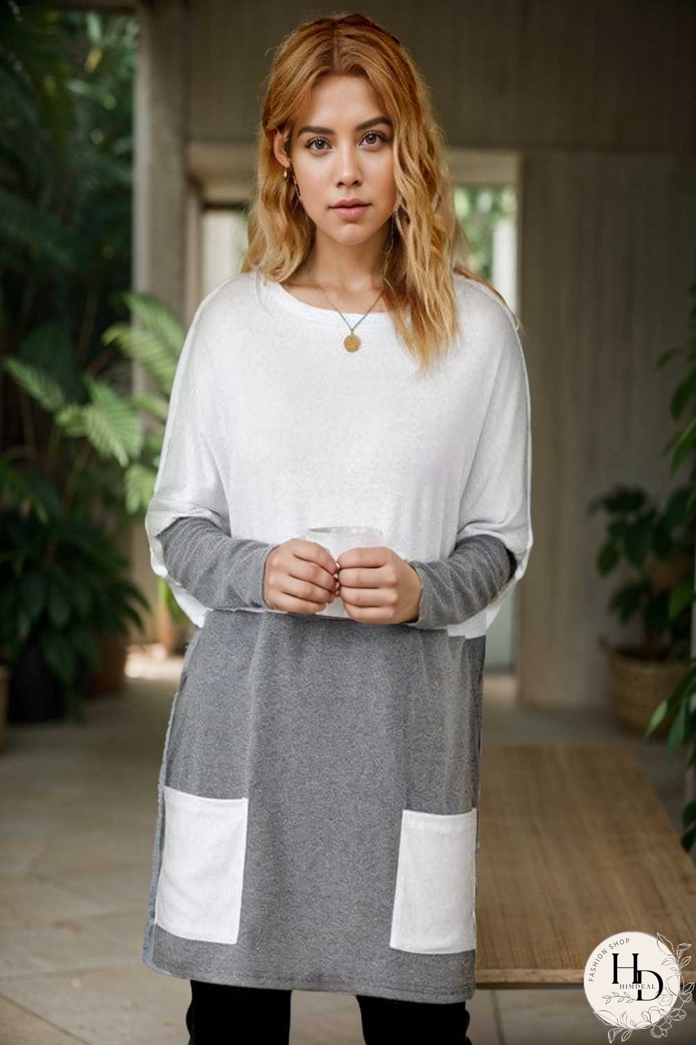 two color stitching pocket loose long sleeve t shirt