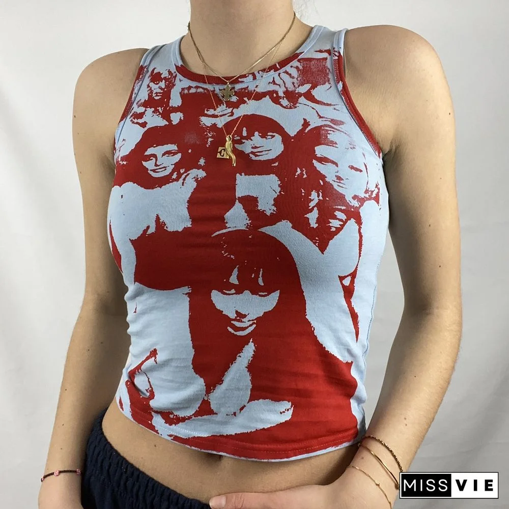 Women Trendy Portrait Letter Printed Tank Tops Summer Vest Female Round Neck Sleeveless Slim Fit Crop Tops