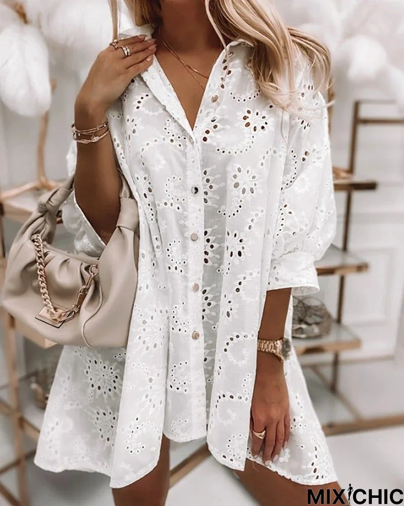 Solid Color Hollow Single-Breasted Long Shirt Dress White Dresses