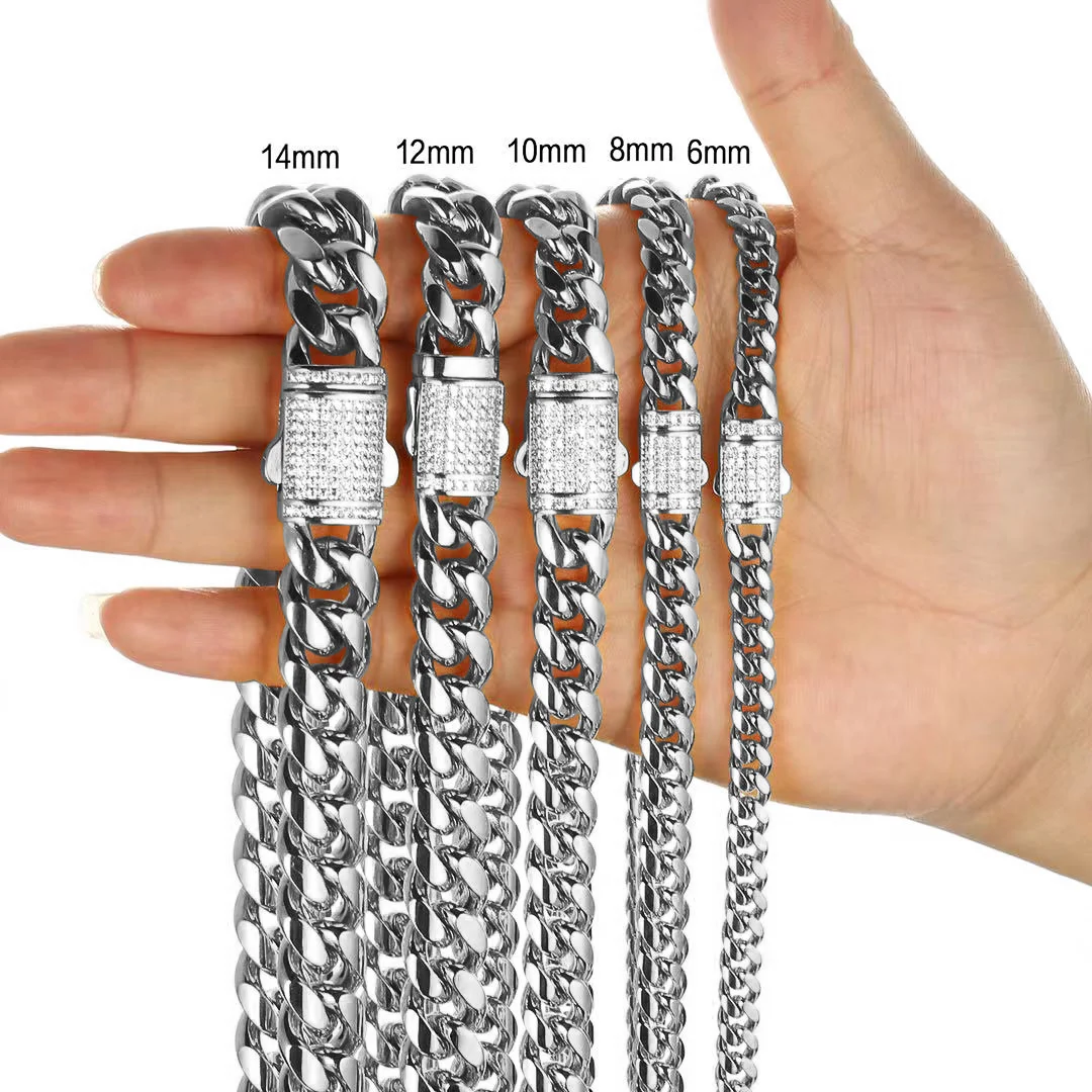Sliver Titanium Stainless Steel Miami Curb Chains 16-30 inch Cuban Link Chain Necklace with Snap Button for Men Boys 6mm/8mm/10mm/12mm/14mm