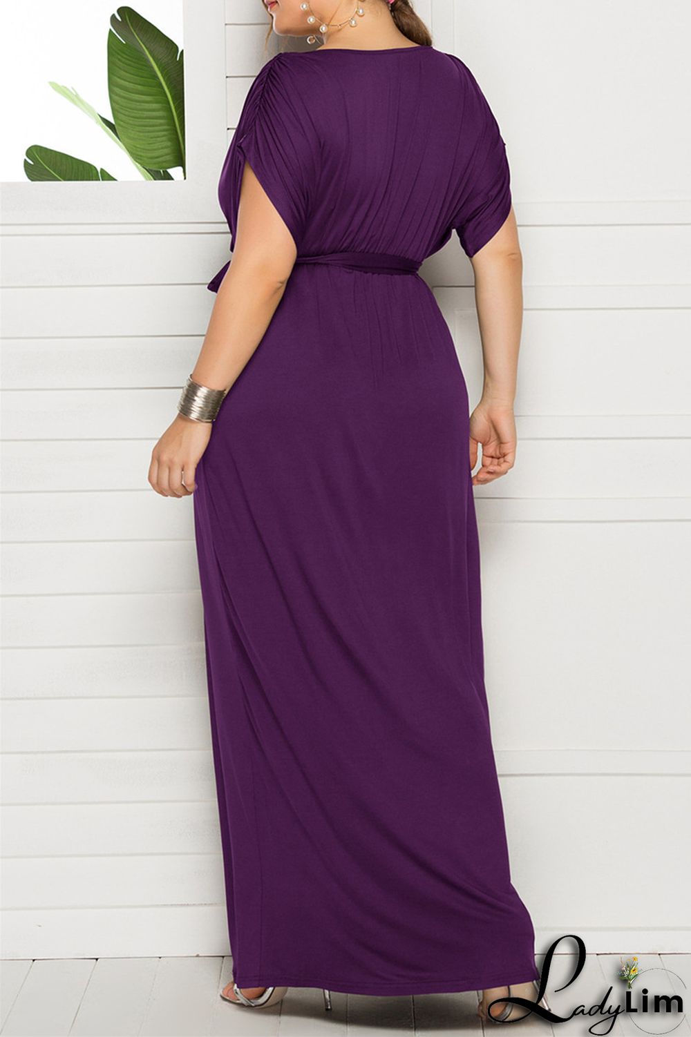 Burgundy Fashion Casual Plus Size Solid Split Joint V Neck Long Dress