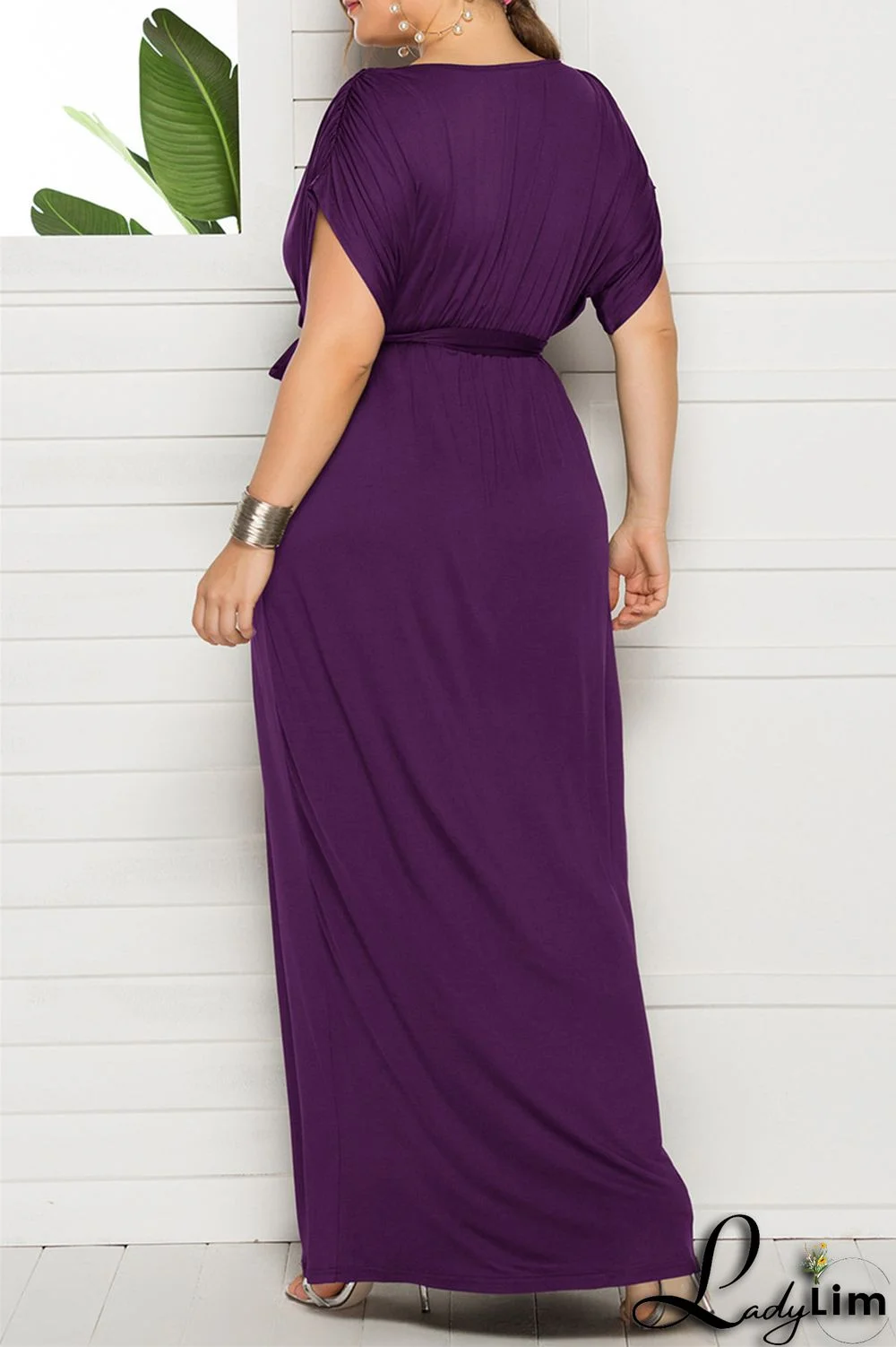 Burgundy Fashion Casual Plus Size Solid Split Joint V Neck Long Dress