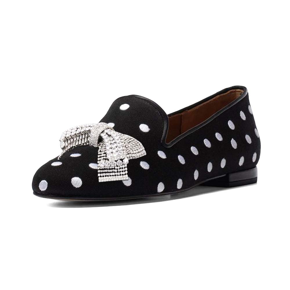Black Dot Closed Toe Suede Loafers With Rhinestone Bow Decor Low Heel Chunky Loafers Nicepairs