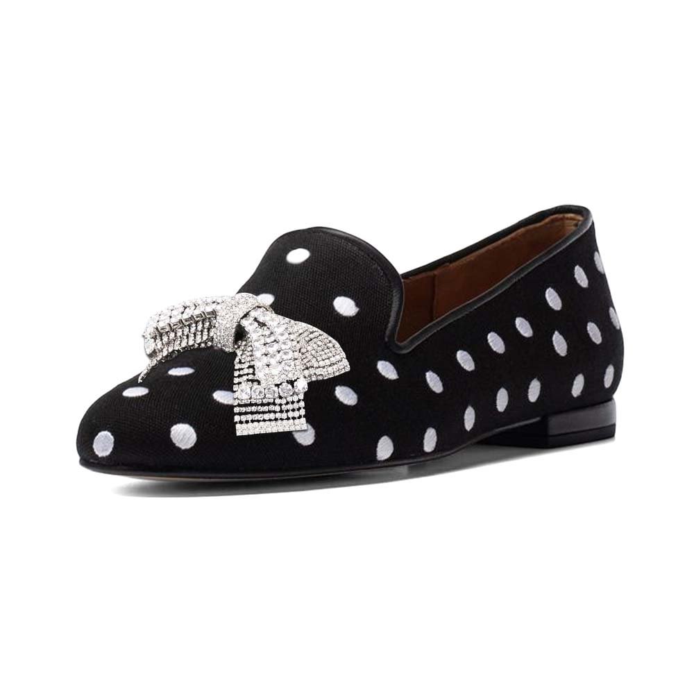 Black Dot Pointed Toe Suede Loafers With Rhinestone Bow Decor Low Heel Chunky Loafers Nicepairs