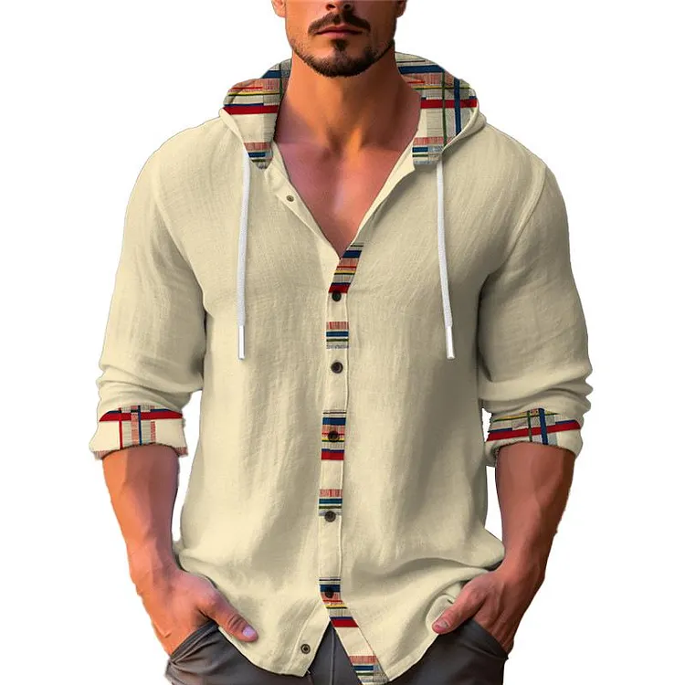 Men'S Casual Printed Patchwork Hooded Long Sleeve Shirt 23717644Y