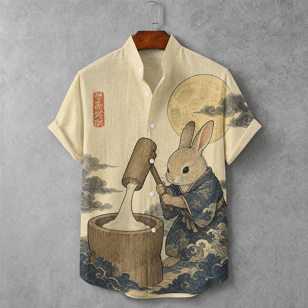 Men's Japanese Moon, Clouds And Mochi-pounding Rabbit Graphic Print Short Sleeve Shirt  artssus
