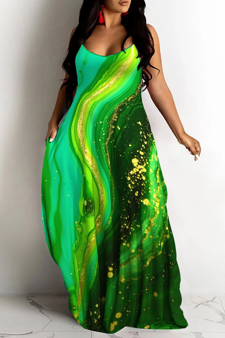 Plus Size Casual Green Water Ripples Print V Neck Sleeveless Sundress Pocket Maxi Dress