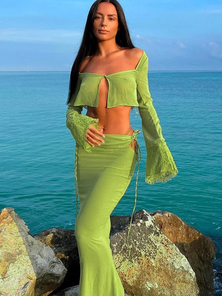 Jacuqeline 2022 Summer Green Sexy See Through Lace Dress Sets Women Long Sleeve Tops And Midi Skirts Beach Elegant 2 Piece Sets