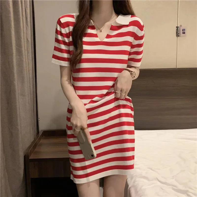 Uveng Uveng Version Of Temperament Striped T-Shirt Dress Retro POLO Received Waist-Skinny Straight Dress Summer Dress Girl