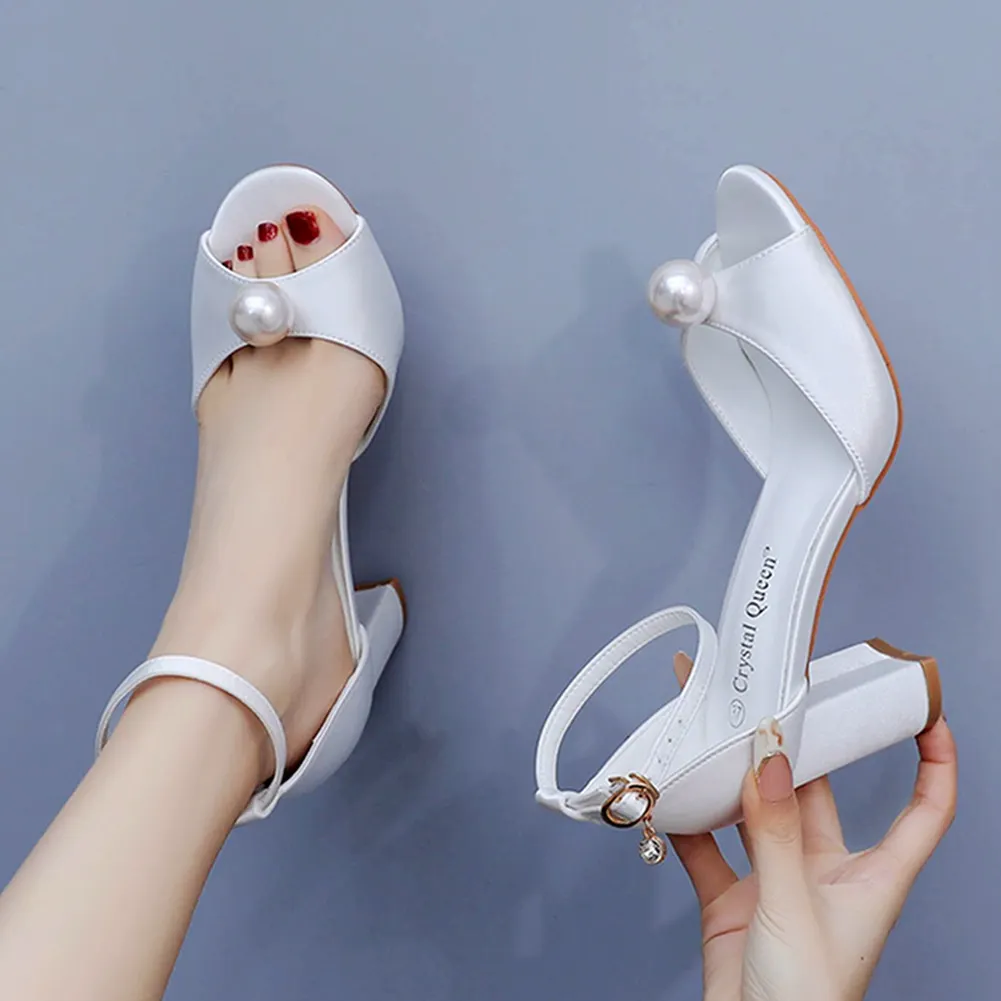 Breakj Breakj Cm Fish Mouth High-Heeled Sandals Shallow Pearl Large-Size Round-Head High Heels Bride Wedding Silk Satin Cloth Coarse Sandals