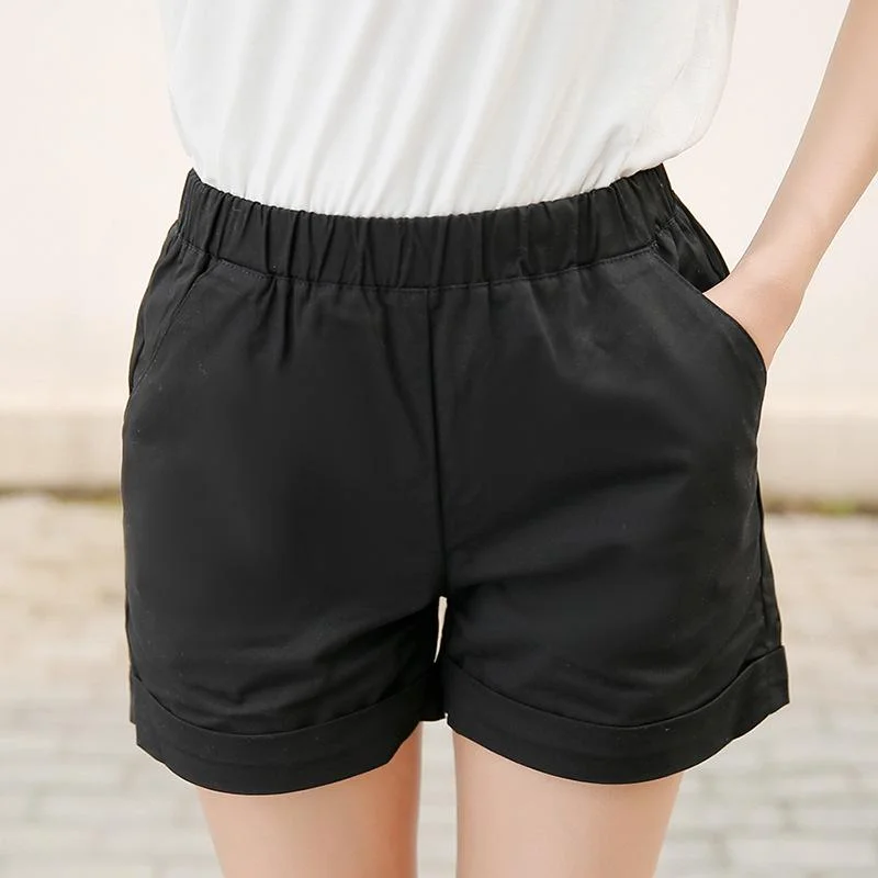 Shorts Solid Straight Summer Cotton Black White Womens Female Lady Elastic Waist High Casual 100% Regular Pockets