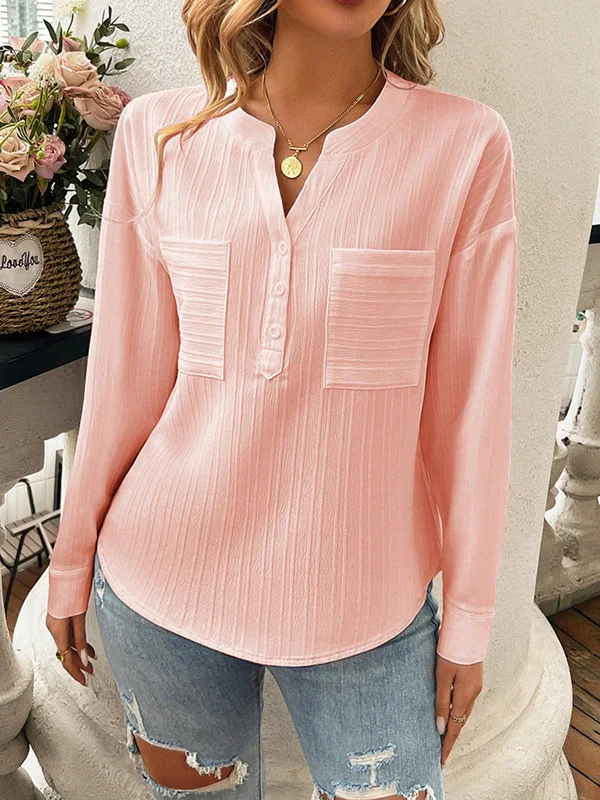 Buttoned Pockets Solid Color Long Sleeves Loose V-Neck Blouses&Shirts Tops