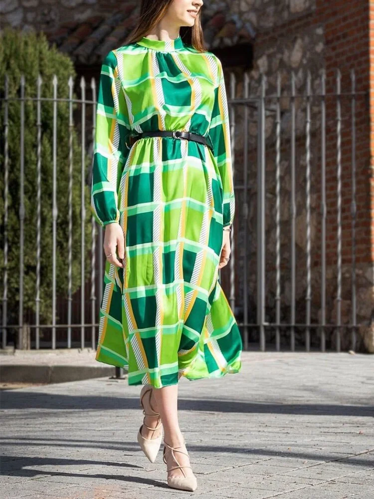 Elegant Half High Neck 3/4 Sleeved Long Dress Retro Pattern Print Loose Women Dress Spring Fall New Fashion Party Dress Vestidos