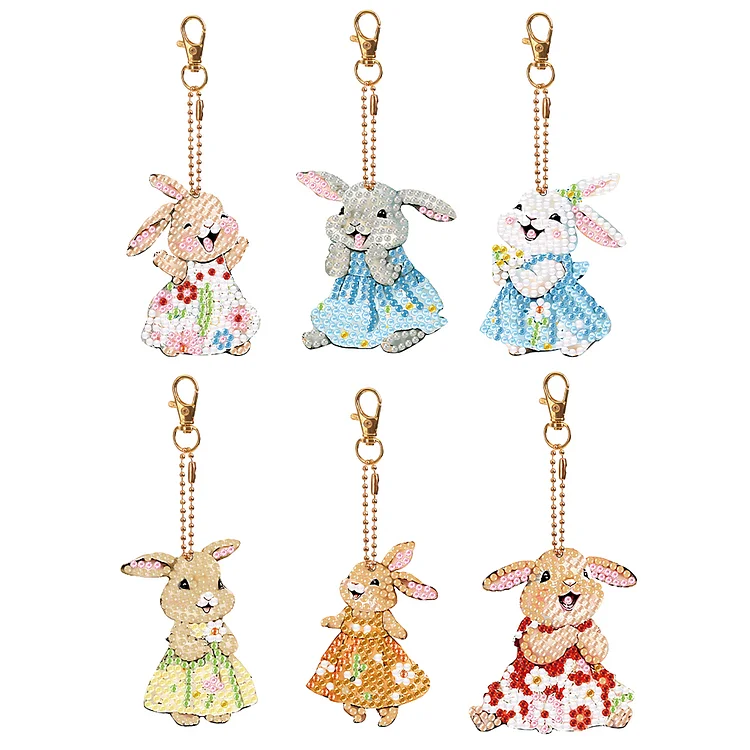 6 PCS Drooping Ear Rabbit Double Sided Diamond Painting Keychain for Beginners