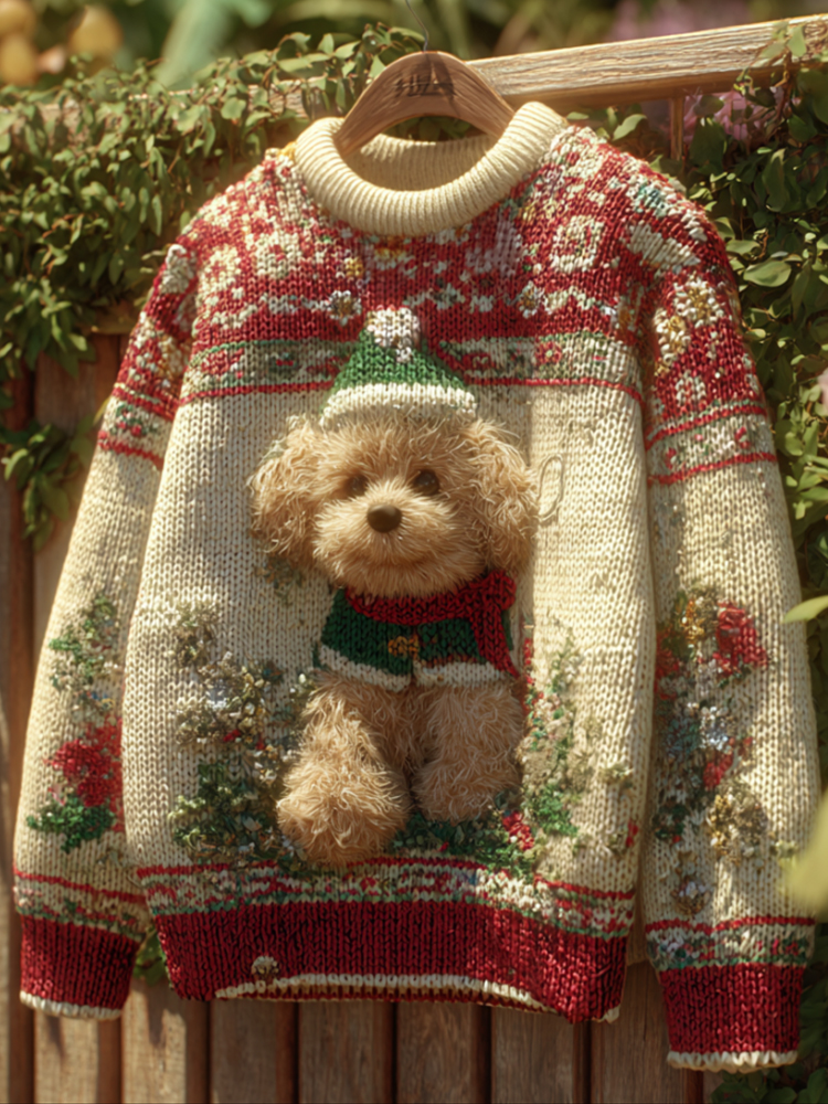 Christmas Cute Teddy Dog Round Neck Sweater elevenforest