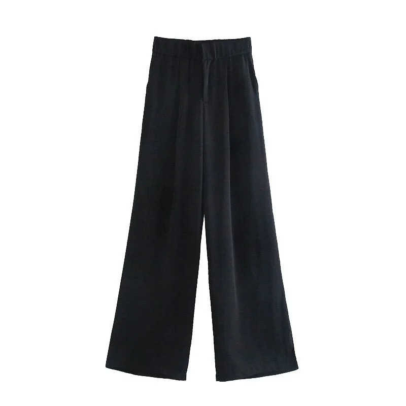 TRAF Women Chic Fashion Side Pockets Darts Wide Leg Pants Vintage High Waist Zipper Fly Female Trousers Mujer