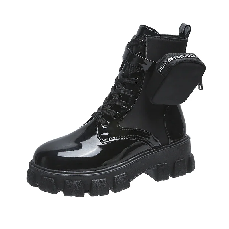 Qengg Women's Combat Boots Pocket Lace Up Women Ankle Boots 2021 Autumn Fashion Female Chunky Heels Platform Ladies Shoes Woman Boots