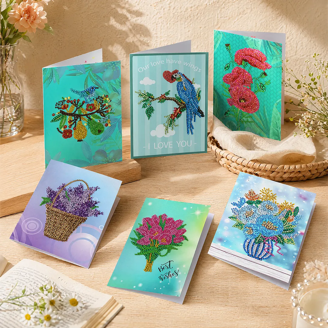 6pcs Flowers and Birds DIY Diamond Painting Greeting Card Kits with Envelopes Diamond Art Greeting Cards Diamond Art Cards Kits for Adults DIY Crafts Family Friend Gifts