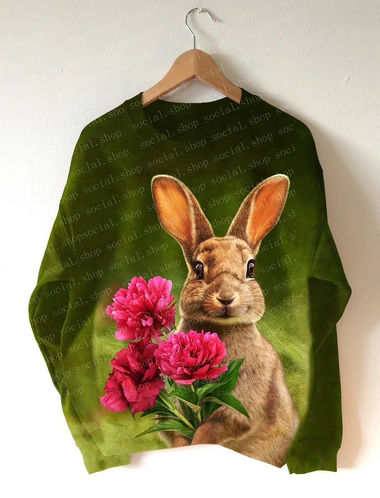 Women's round neck bunny bouquet print sweatshirt socialshop