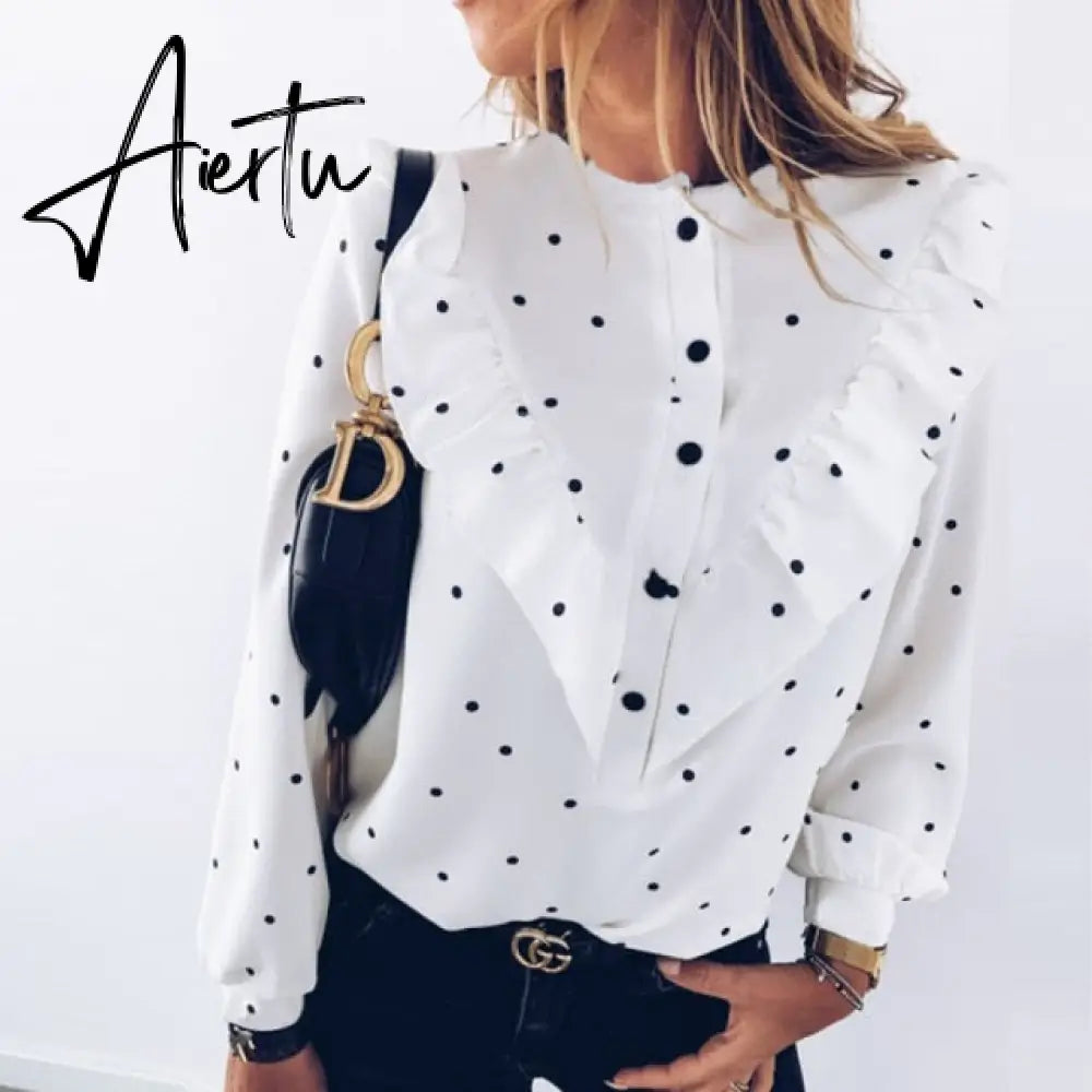 Elegant Print Ruffle Buttons Shirt Blouse Women O Neck Pullover Tops Blusa Spring Autumn Long Sleeve Polka Dot Blouse Streetwear Aiertu
