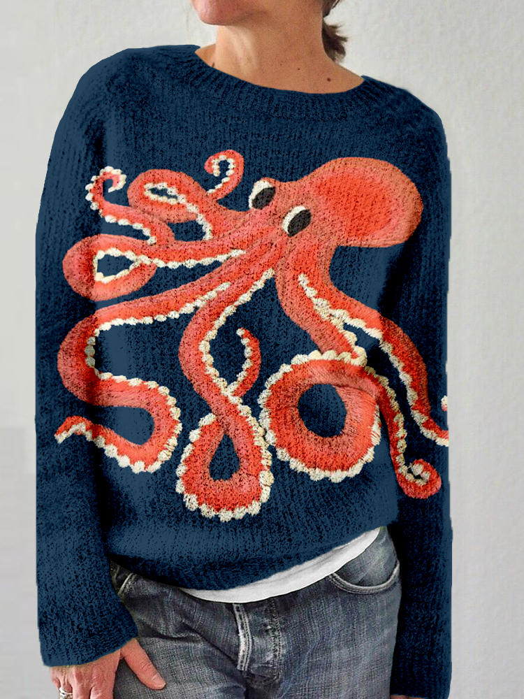 Cute Octopus Embroidered Art Cozy Knit Sweater  artssus