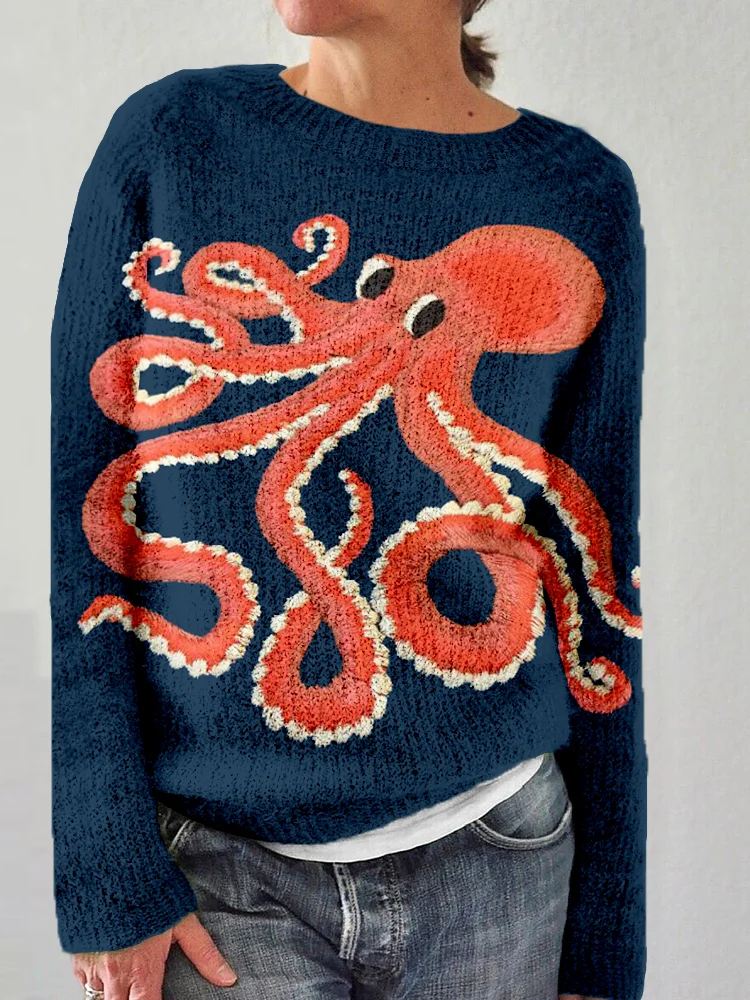 Comstylish Cute Octopus Embroidered Art Cozy Knit Sweater