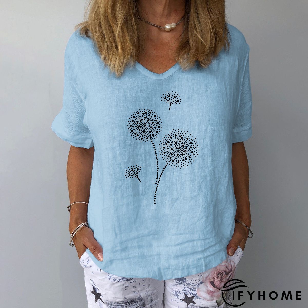 Short Sleeve Casual Dandelion Printed V Neck T-shirt | IFYHOME