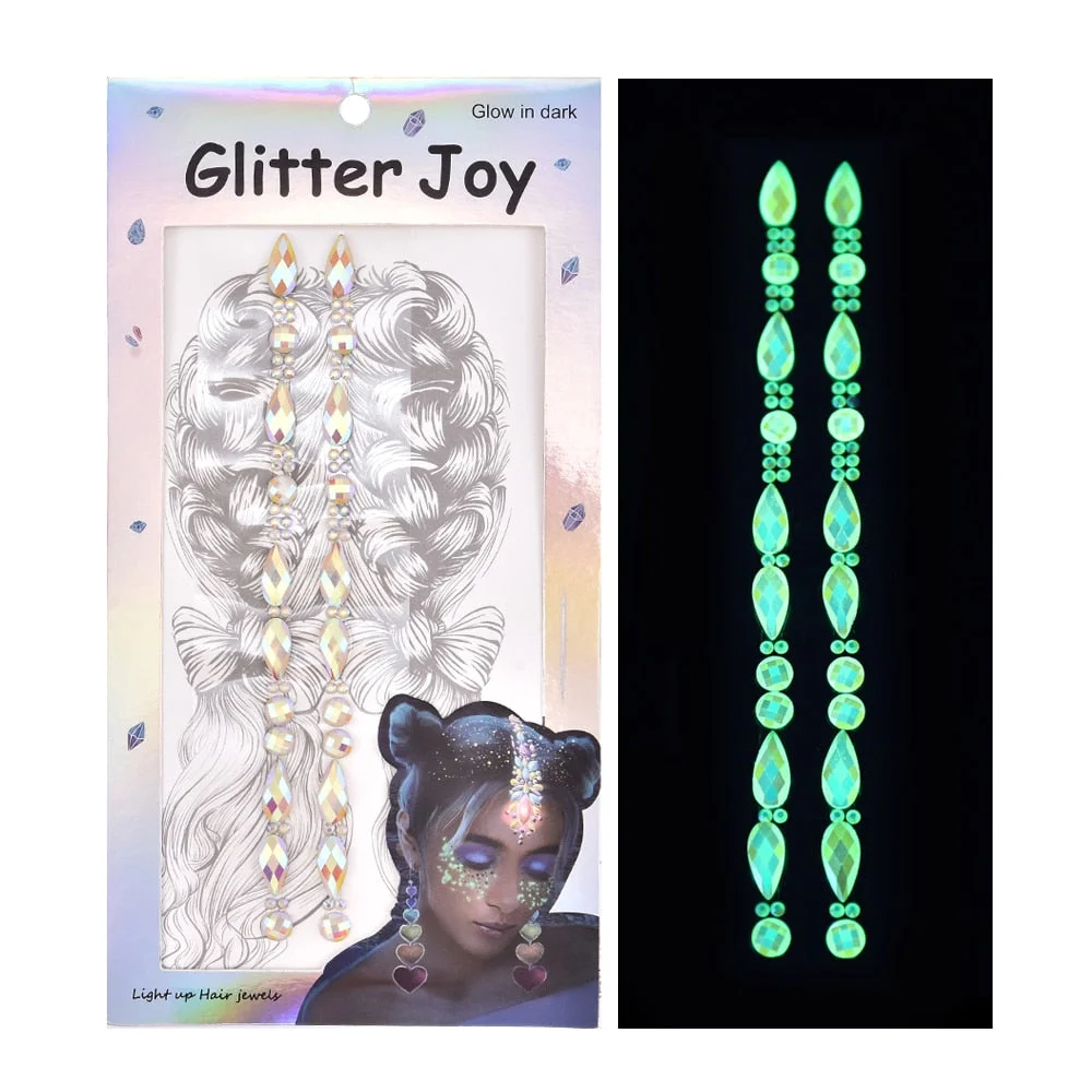 3D Luminous Crystal Forehead Headpiece Sticker Hair Jewels Glitter Face Body Gem Festival Shiny Diamond Temporary Tattoo Sticker