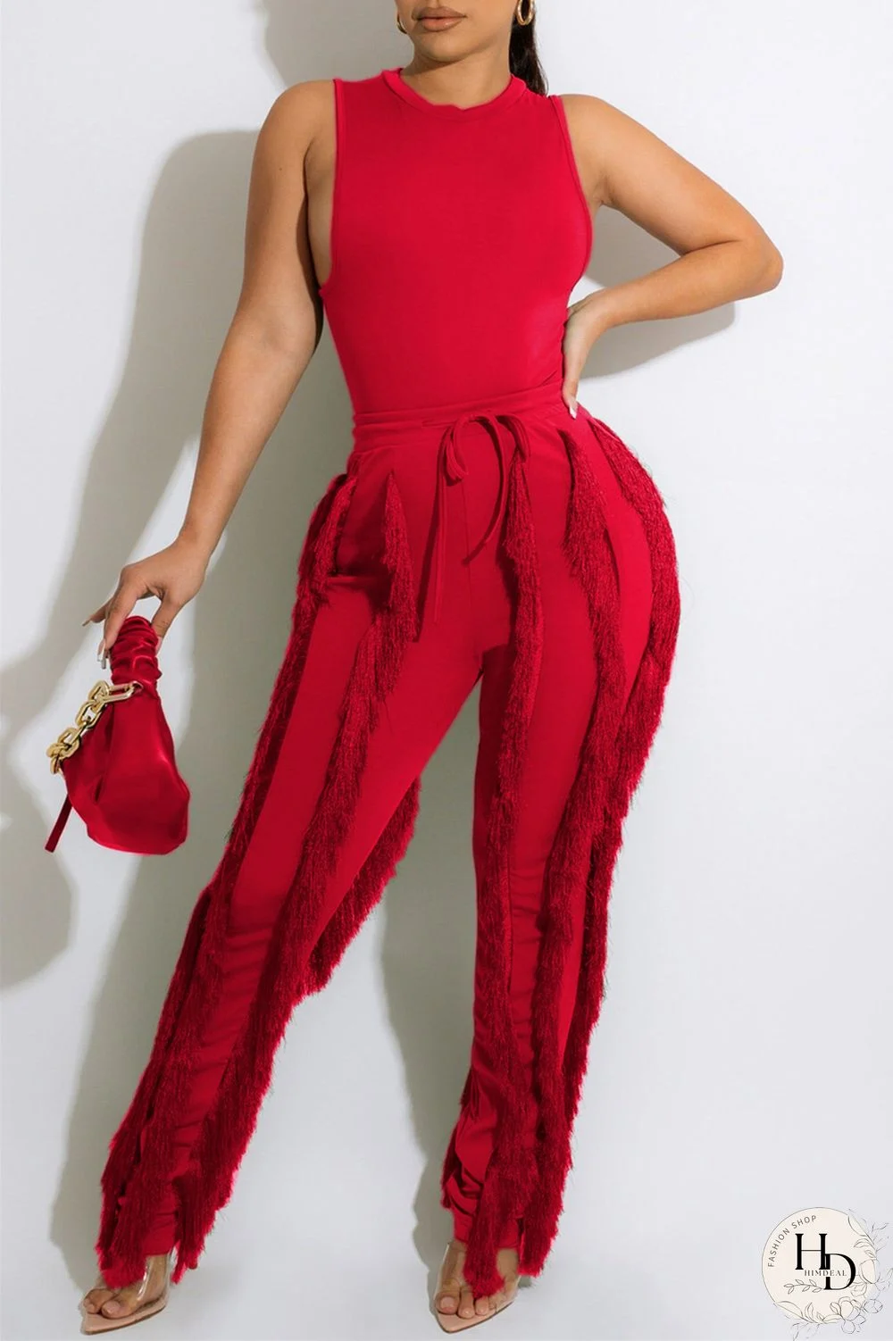 Red Fashion Casual Solid Tassel Patchwork O Neck Sleeveless Two Pieces