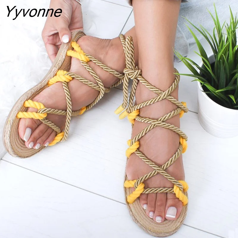 Yyvonne Women Sandals 2023 Fashion Summer Shoes Woman Flat Sandals Hemp Rope Lace Up Gladiator Sandals Non-slip Beach Chaussures Femme