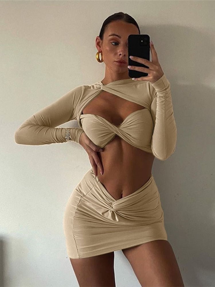 Jacuqeline 2022 Sexy Cut Out Ruched Two Piece Sets Women Summer Bow Long Sleeve Crop Top and Mini Skirt Elegant Club Outfits