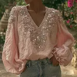 Vintage Boho Glitter Floral Art V Neck Linen Tunic - Image 2