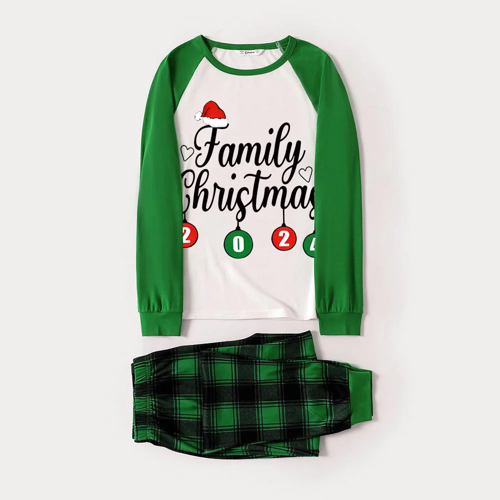 "Family Christmas" 2024 Letter Print Green Rotator Cuff Top With Green & Black Plaid Family Matching Pajamas